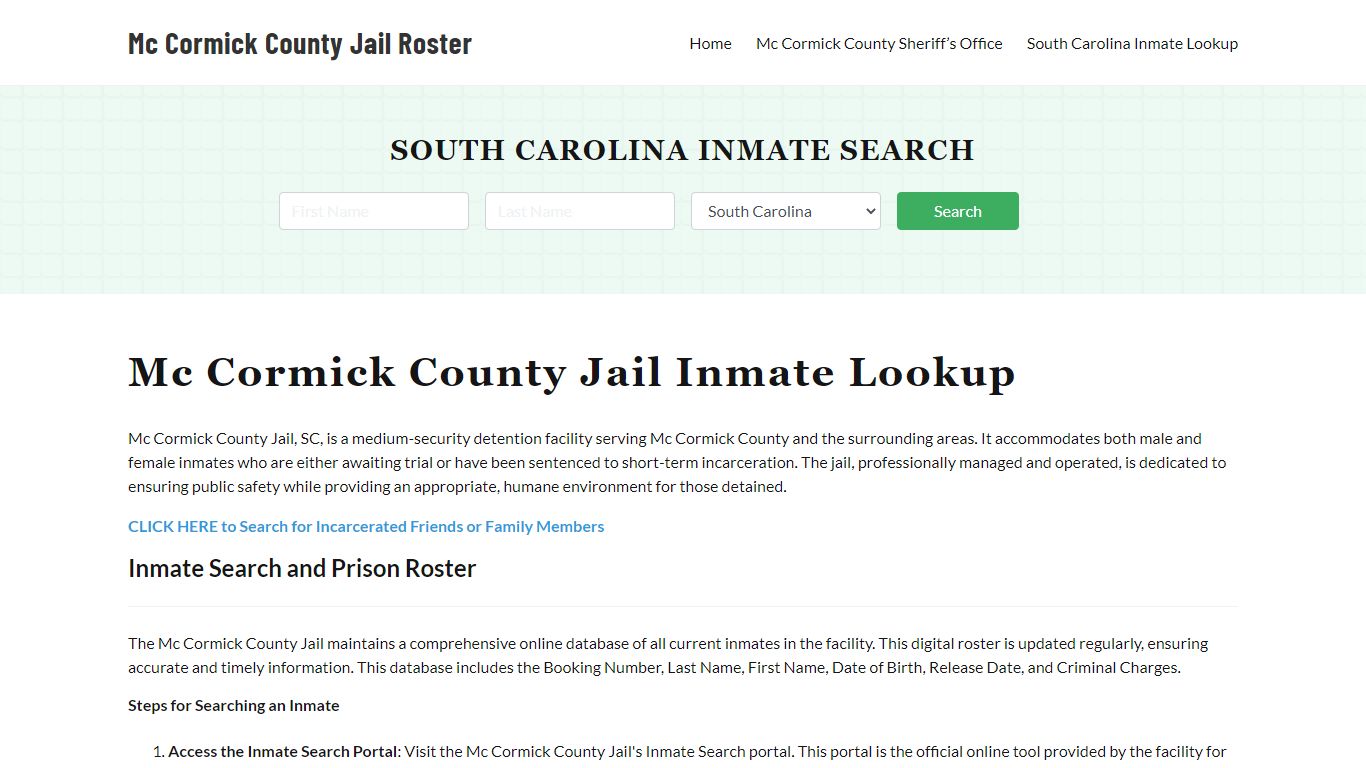 Mc Cormick County Jail Roster Lookup, SC, Inmate Search